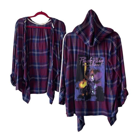 Via Penny Lane Reworked Apparel | Prince Custom Purple Plaid Open Front Cardigan - Picture 1 of 7
